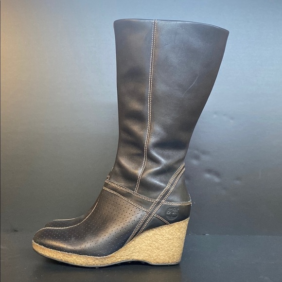 Timberland Monogram Tall Classic Black Leather Wedge Heel Boots 86324 Womens 9 - Picture 1 of 13
